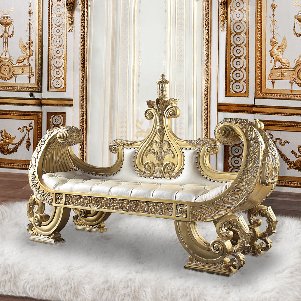 Bernadette - Bench - White Synthetic Leather Fabric & Gold