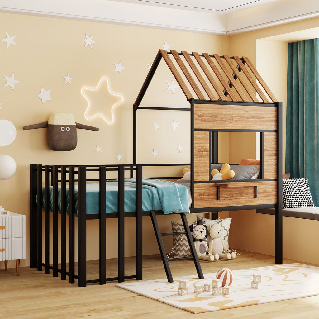 Loft Bed With Roof, Window, Guardrail, Ladder