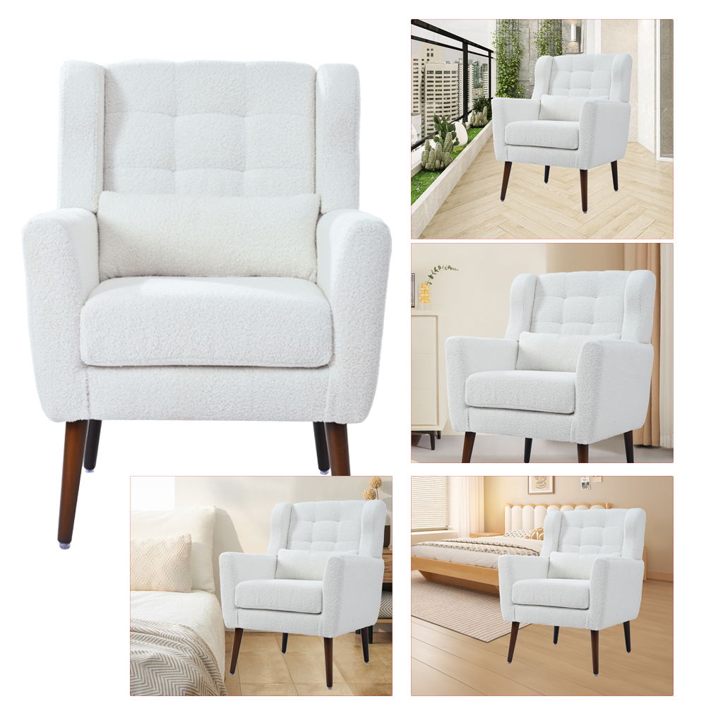 Modern Accent Chair, Arm Chairs For Living Room, Upholstered Mordern Armchair, Comfy Soft Padded Lounge Chair In Small Space, Bedroom, With Pillow, Solid Wood Leg