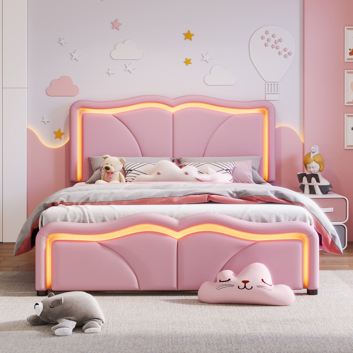 Upholstered Platform Bed & Curve Shaped And Height Adjustable Headboard, LED Light Strips