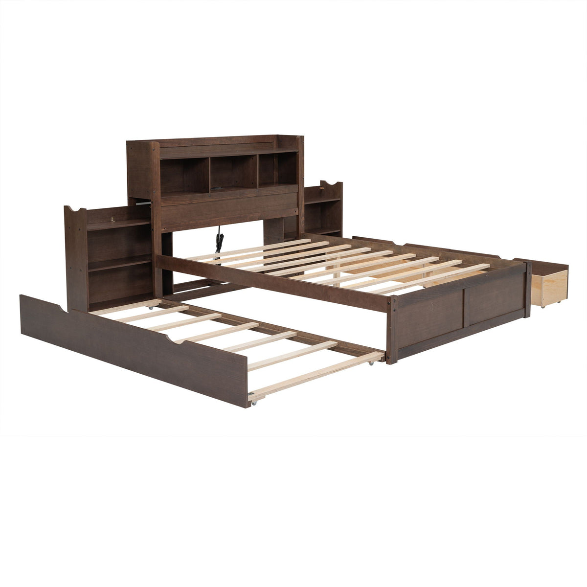 Storage Platform Bed With Pull Out Shelves, Trundle, And 2 Drawers
