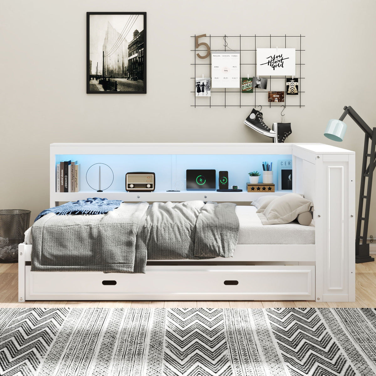 Daybed With Storage Shelves, LED, USB, And Trundle