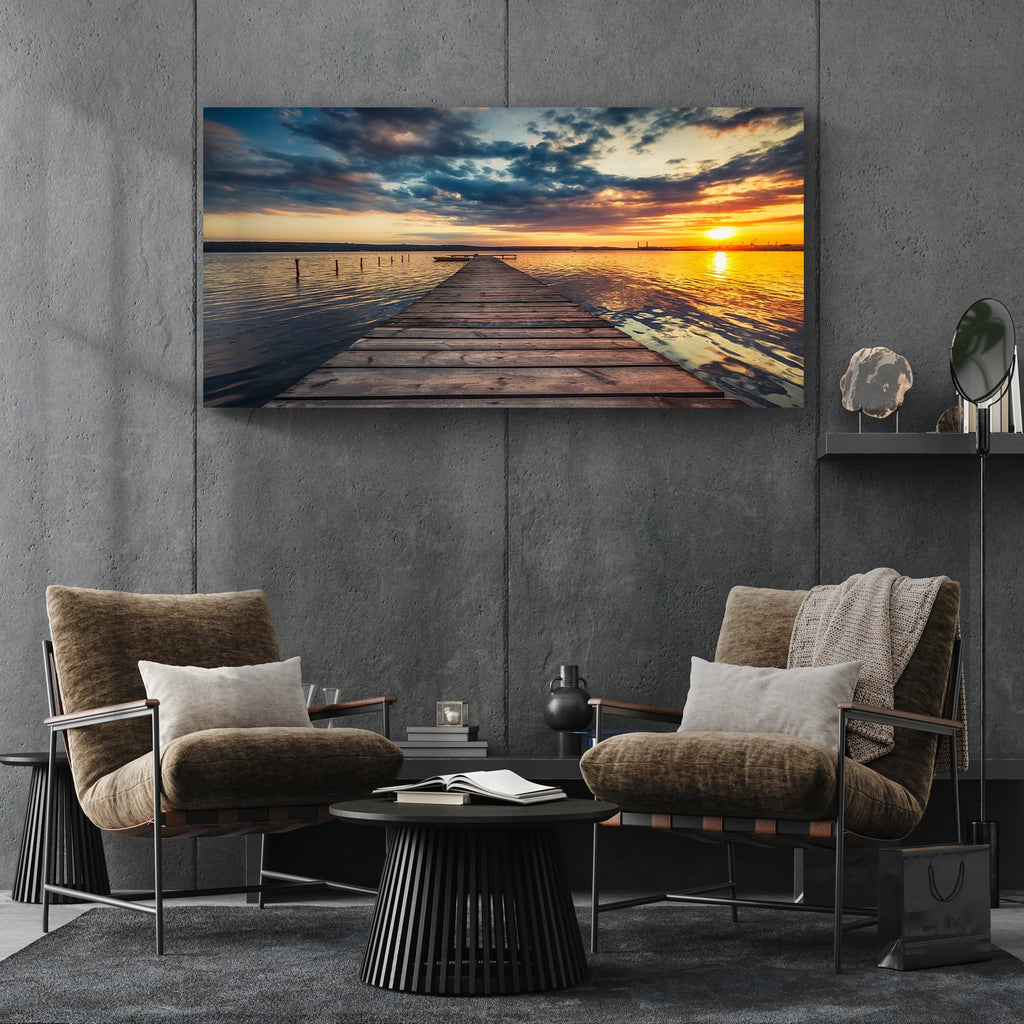 Small Dock By The Vibrant Lake Canvas Wall Art