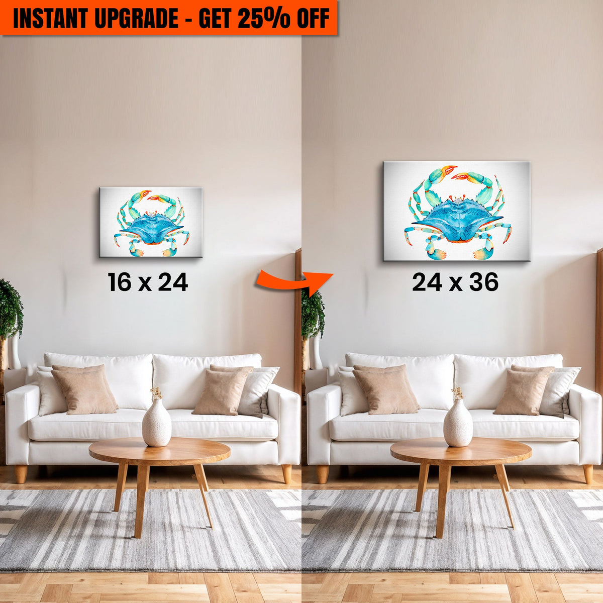 Upgrade Your 24x16 Inches 'Crab Watercolor' Canvas To 36x24 Inches