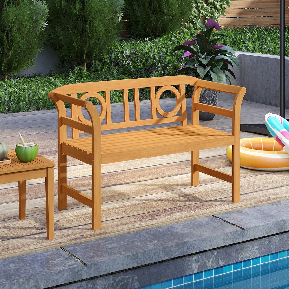 Acacia Wood 2-Person Patio Loveseat with Backrest and Armrests for Backyard