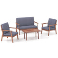 4 Piece Outdoor Acacia Wood Conversation Set with Soft Seat and Back Cushions