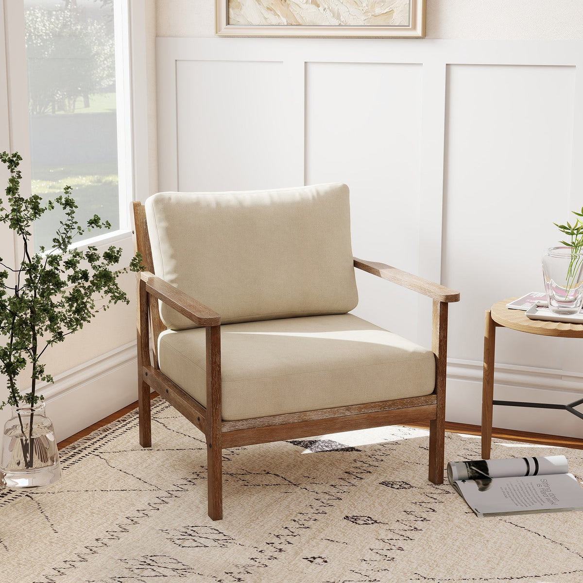 Modern Accent Chair with Solid Rubber Wood Armrests