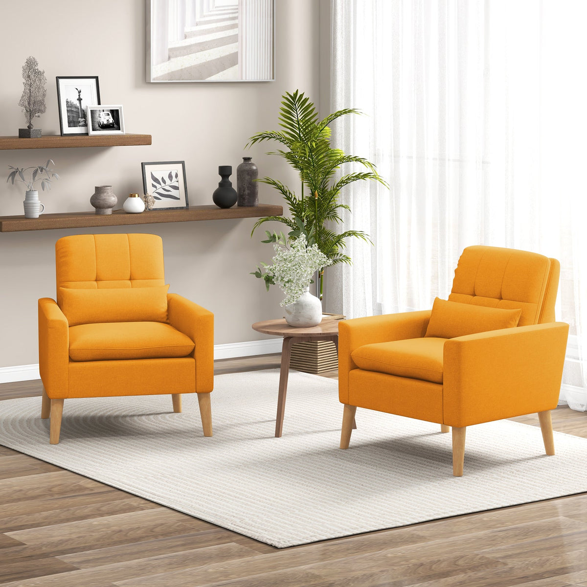 Accent Chair with Lumbar Pillow Natural Rubber Wood Legs Padded Cushions