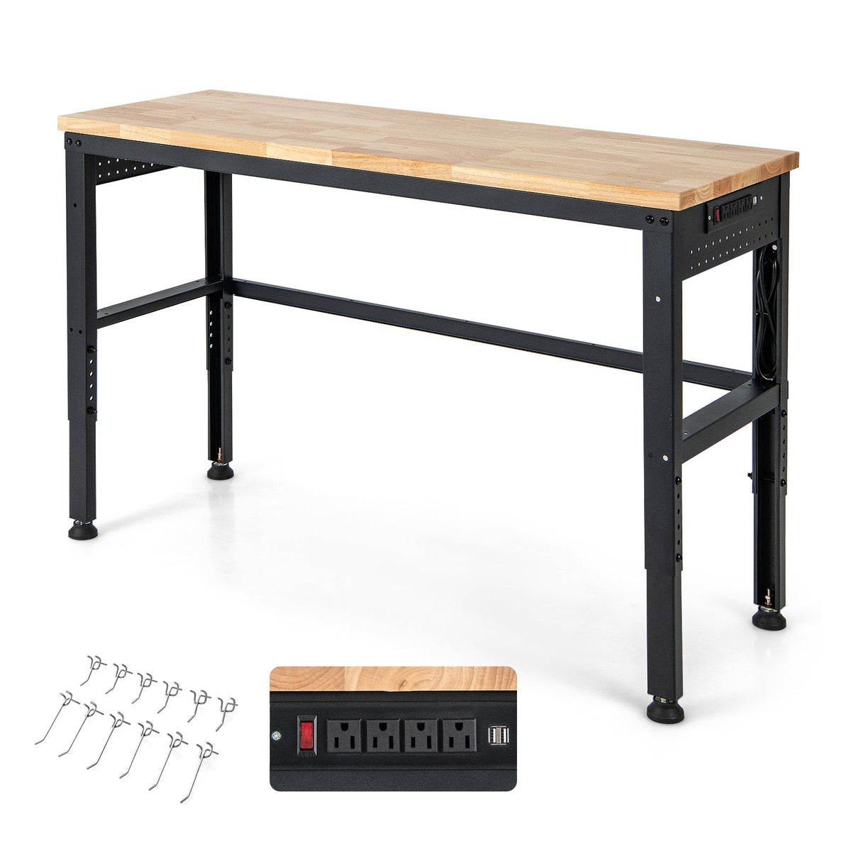 53 Inch Adjustable Heavy-Duty Workbench with Rubber Wood Top