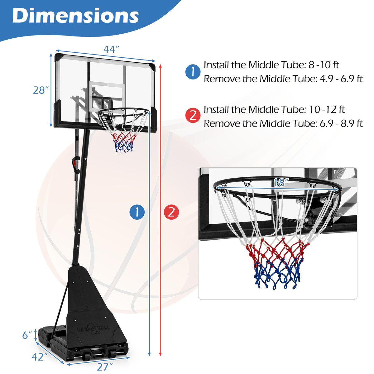 4.9-10 Feet Height Adjustable Portable Basketball Hoop Basketball Goal System