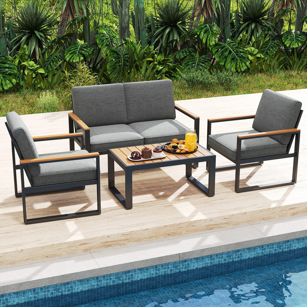 4 Piece Patio Aluminum Furniture Set with Armrests and Tabletop-Gray