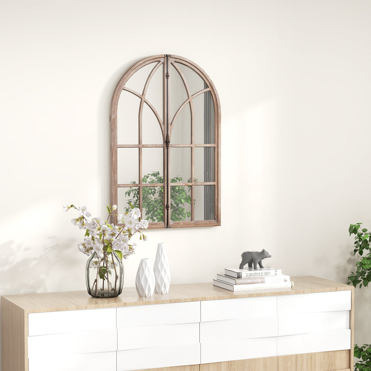 Arched Window Pane Mirror Wall Mounted for Living Room and Entryway-Natural
