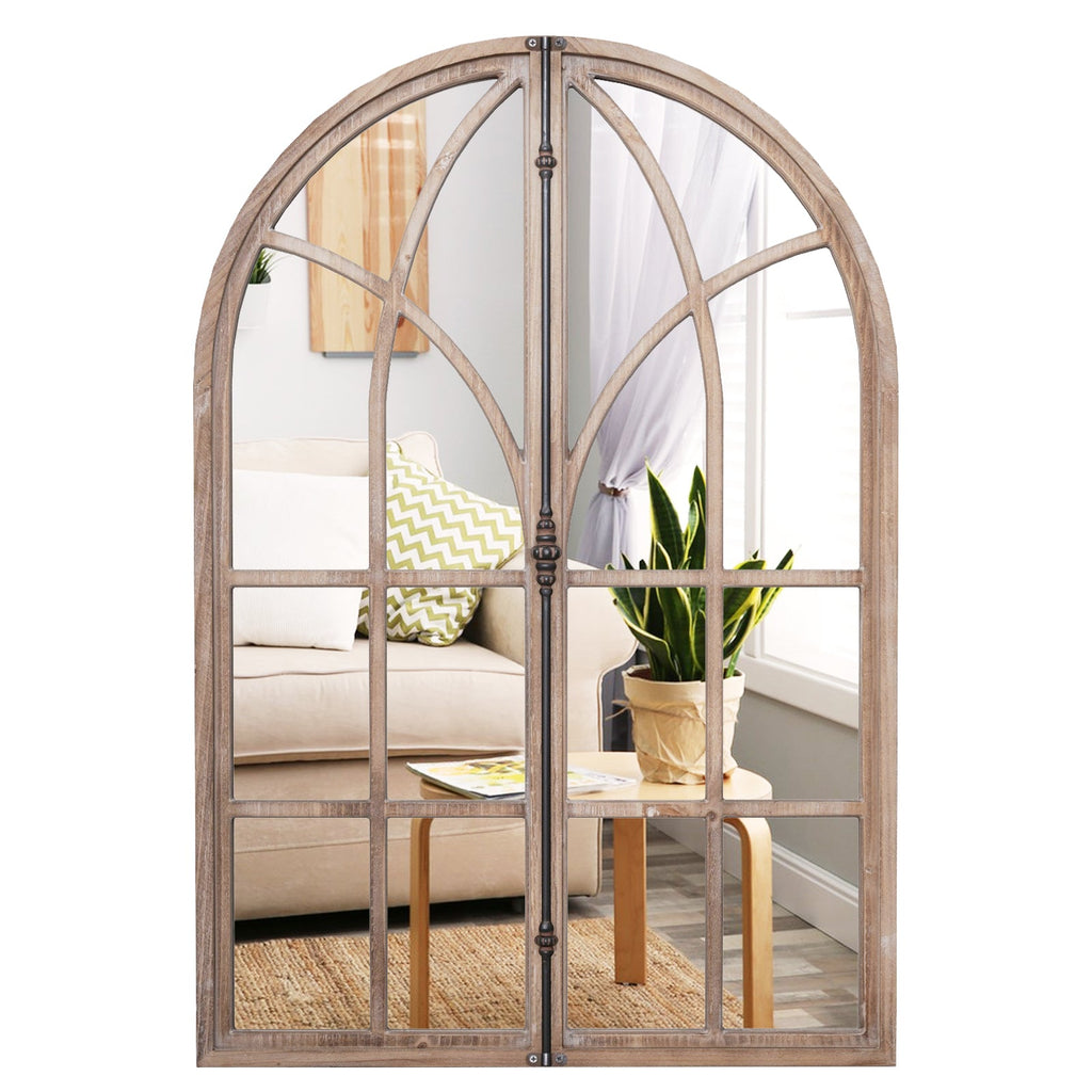 Arched Window Pane Mirror Wall Mounted for Living Room and Entryway-Natural