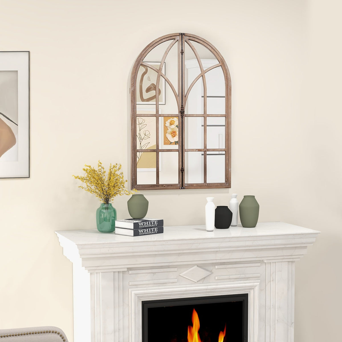 Arched Window Pane Mirror Wall Mounted for Living Room and Entryway-Natural
