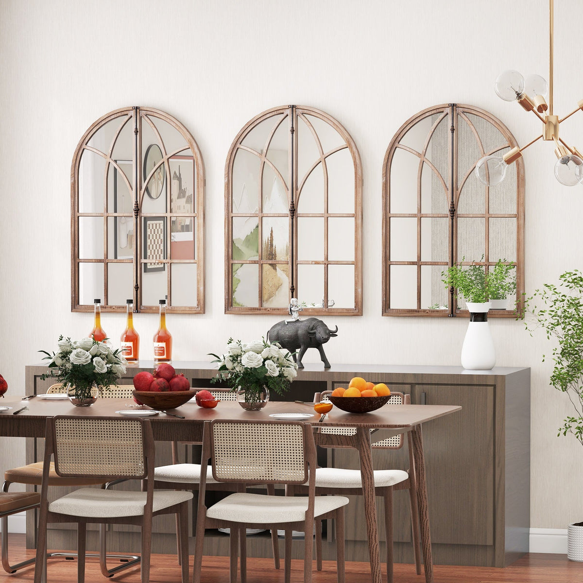 Arched Window Pane Mirror Wall Mounted for Living Room and Entryway-Natural