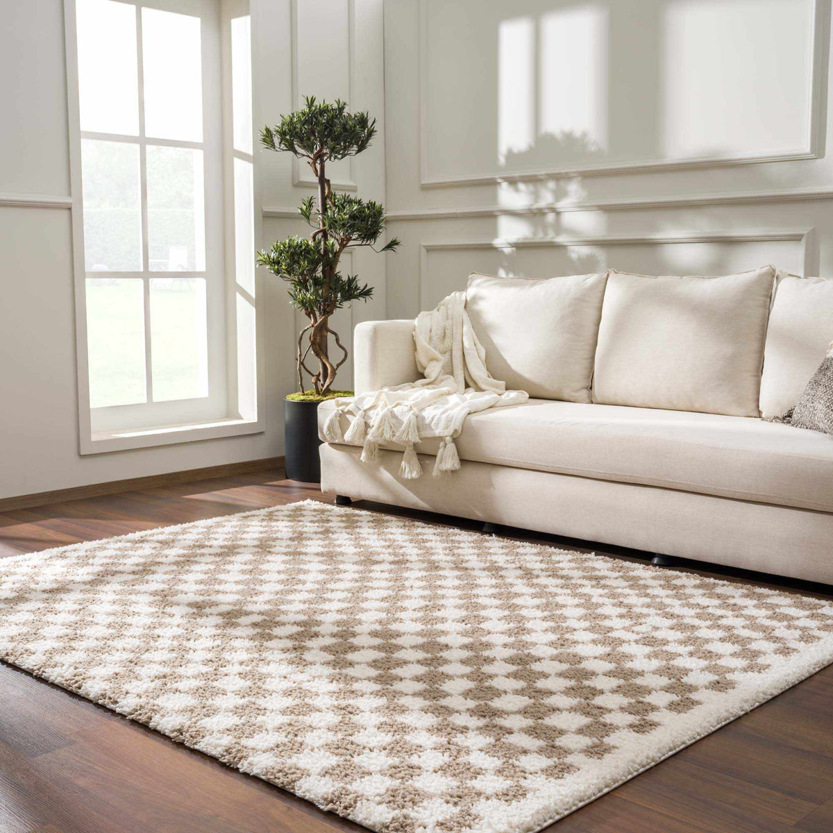 Kieu Taupe Checkered Shag Rug