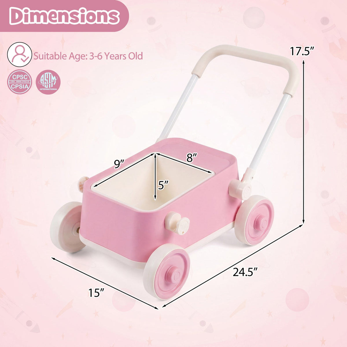 Push Walker with Storage Basket and Foldable Handle