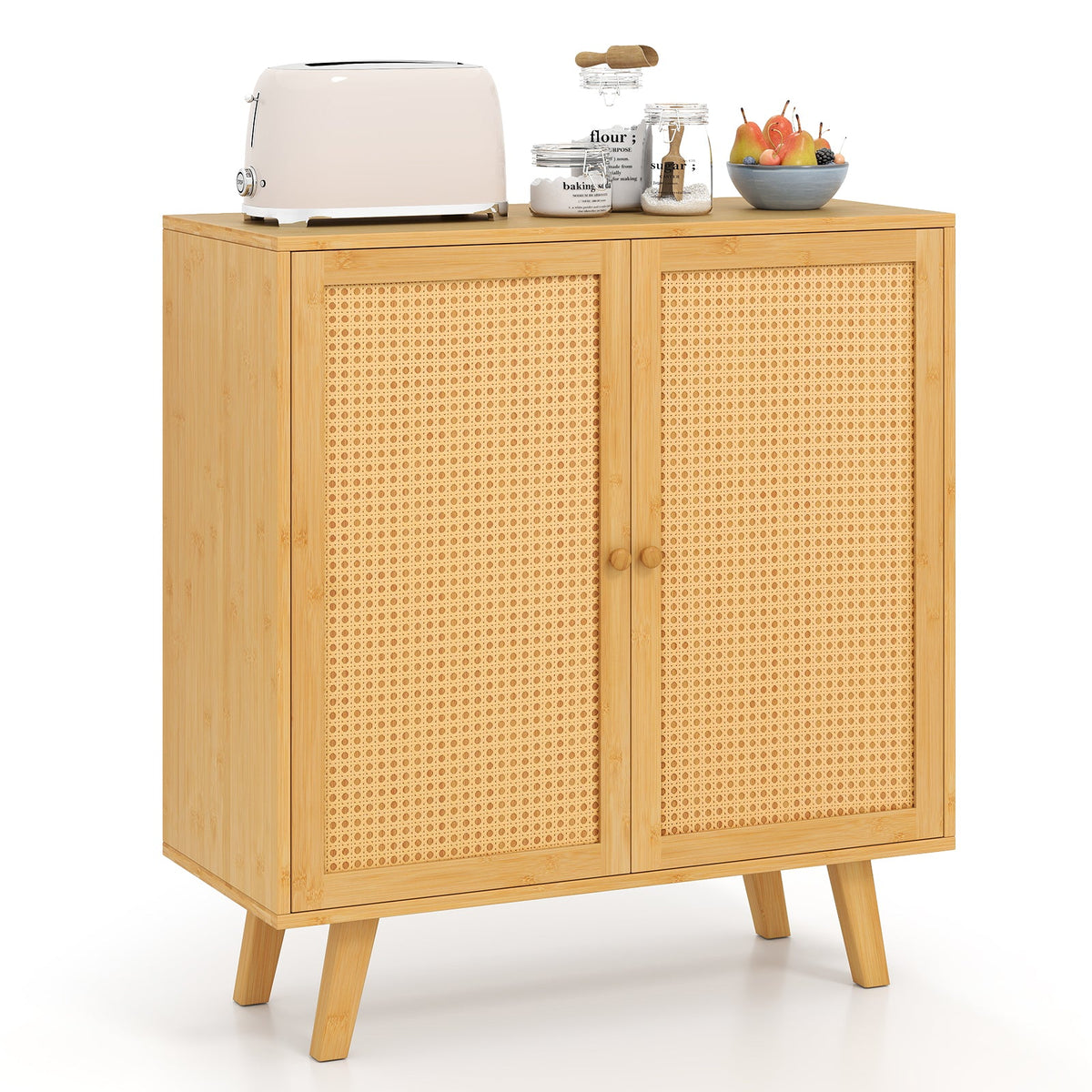 Bamboo Buffet Storage Cabinet with PE Rattan Doors and Freestanding Kitchen Cupboard-Natural