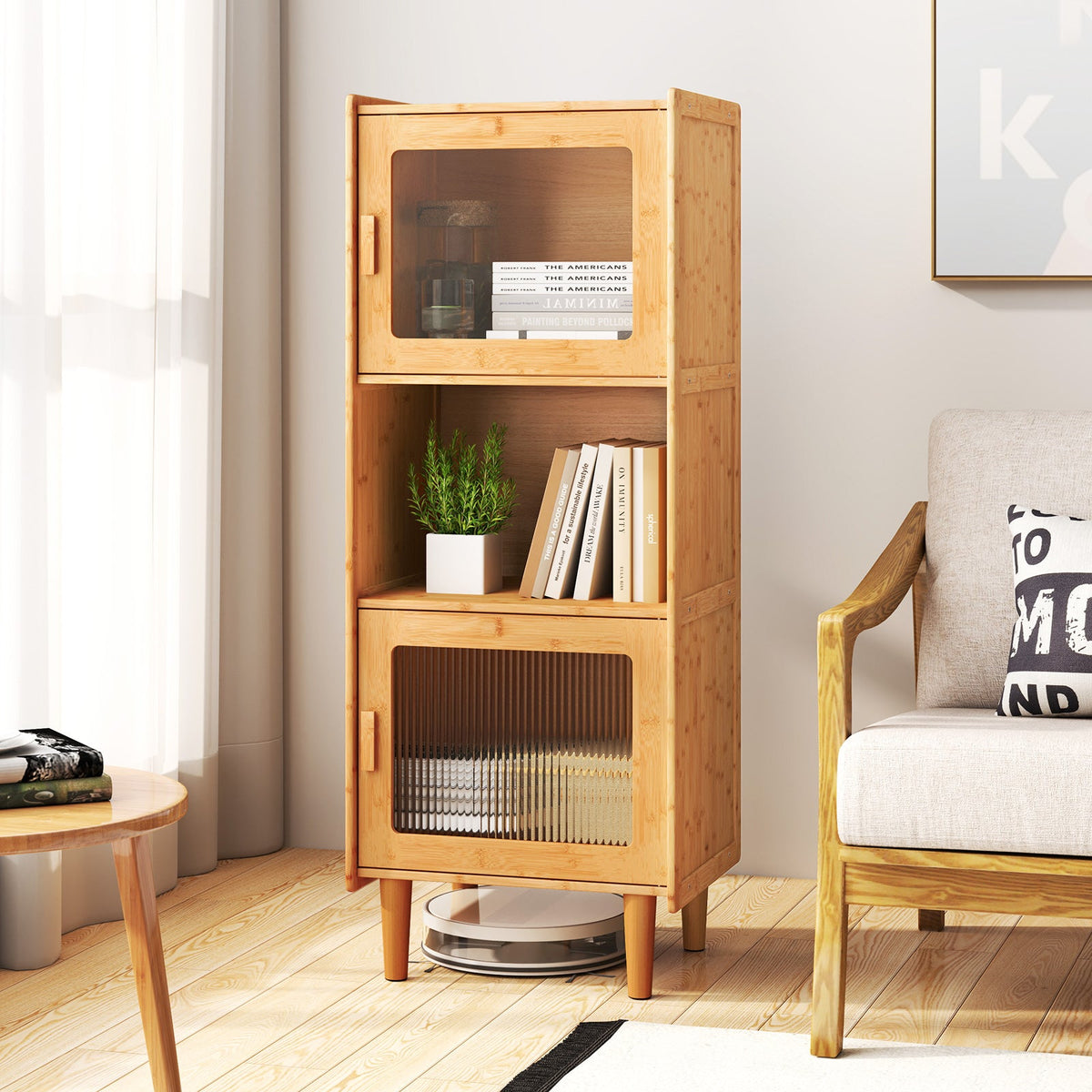 3-Cube Bamboo Storage Cabinet with Open Compartment and 2 Acrylic Doors-Natural