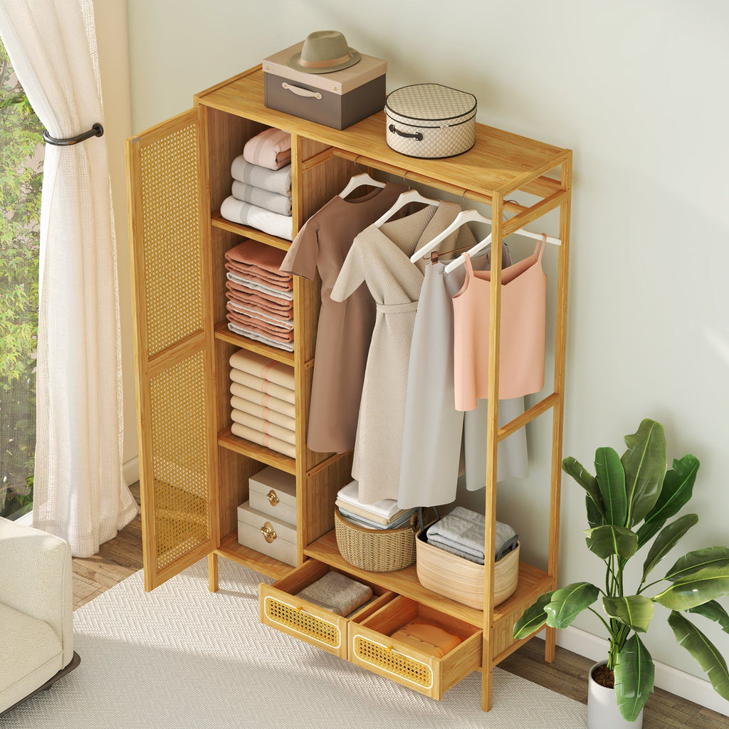 Bamboo Clothing Rack with Cabinet and Drawers and Hanging Rod-Natural