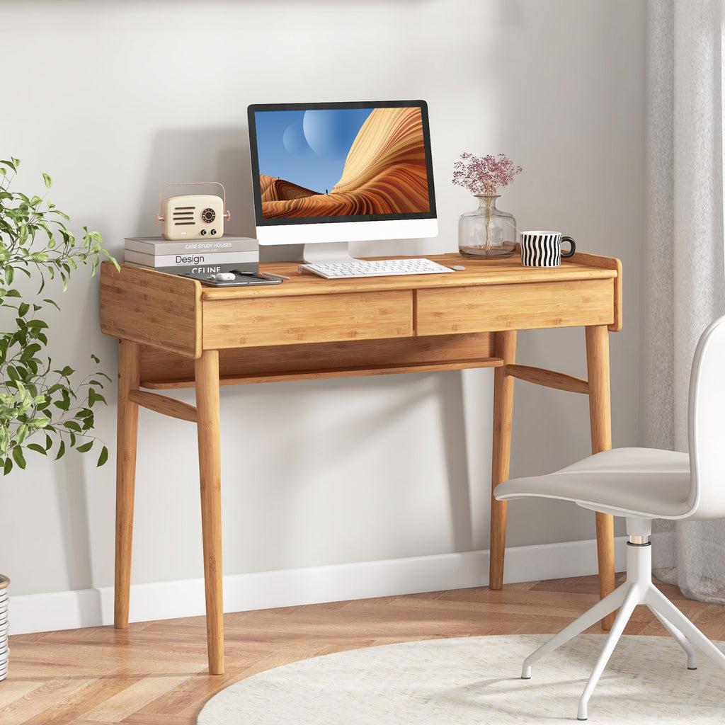 Bamboo Writing Desk with 2 Storage Drawers and Open Shelf