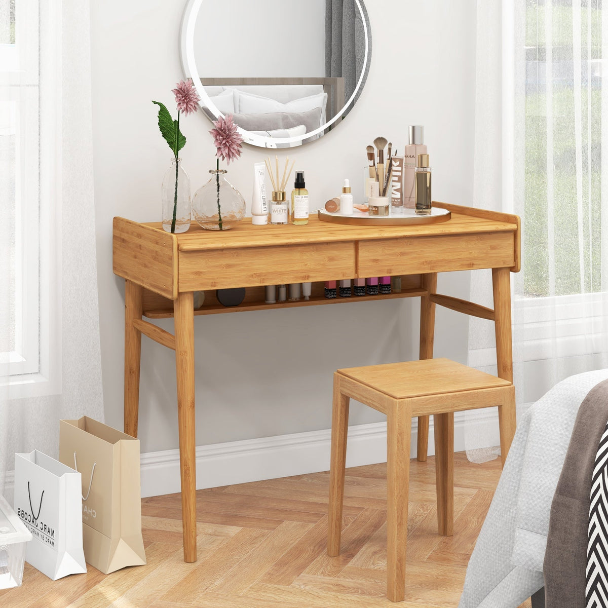 Bamboo Writing Desk with 2 Storage Drawers and Open Shelf