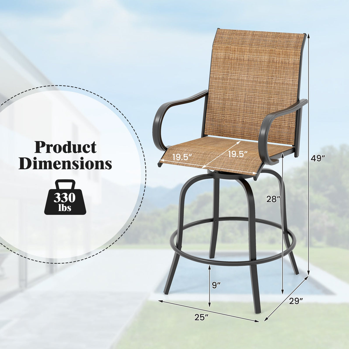 2 Pieces 360 Rotating Bar Stool Set with Armrests for Patio