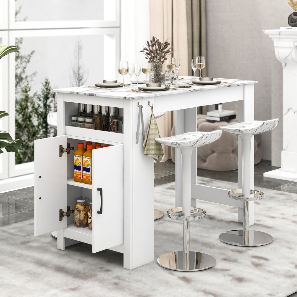 Bar Table Faux Marble Pub Table with 7 Hanging Hooks Compartment-White
