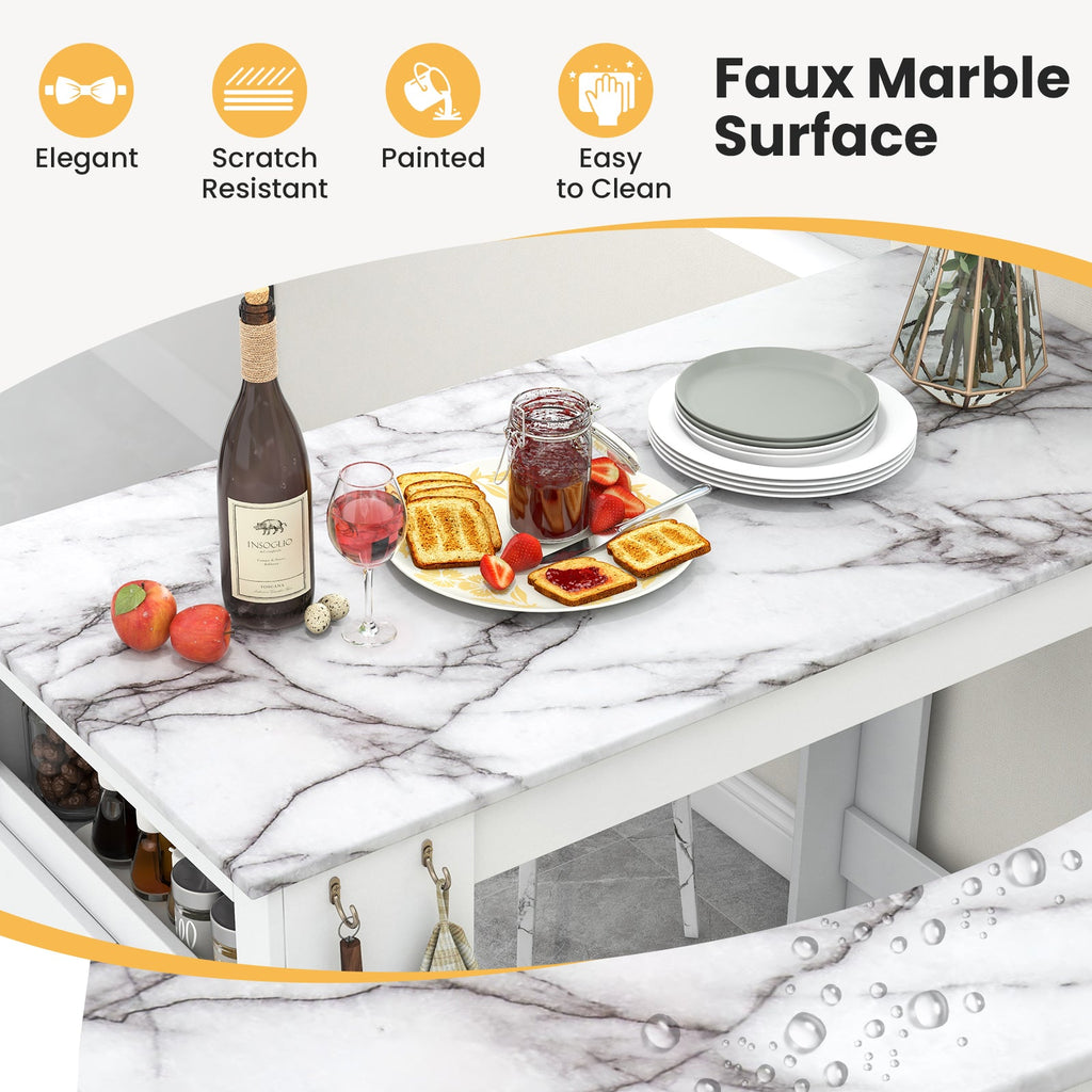 Bar Table Faux Marble Pub Table with 7 Hanging Hooks Compartment-White