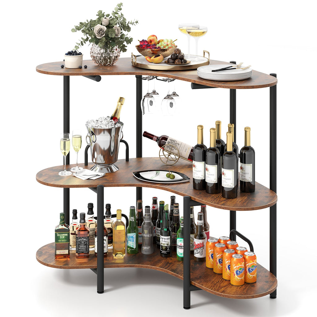 3-Tier Liquor Bar Table with Stemware Racks and Storage Shelves
