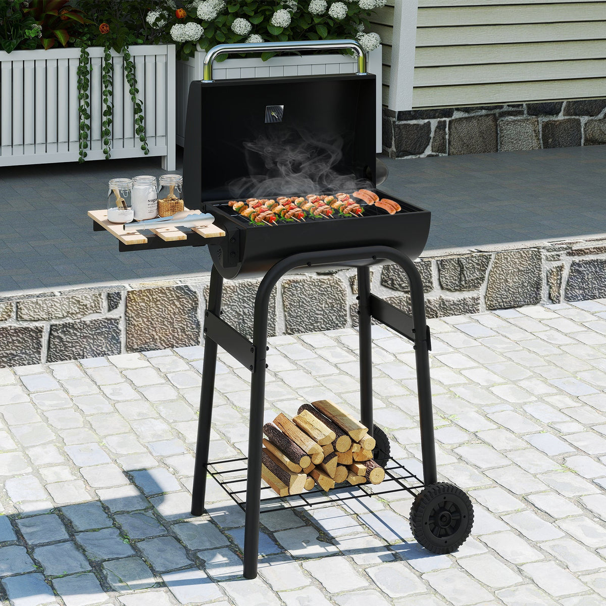 Barrel Charcoal Grill with Foldable Side Table and Thermostat-Black