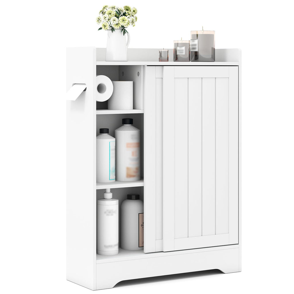 Bathroom Storage Cabinet Slim Floor Cabinet with Toilet Paper Holders-White
