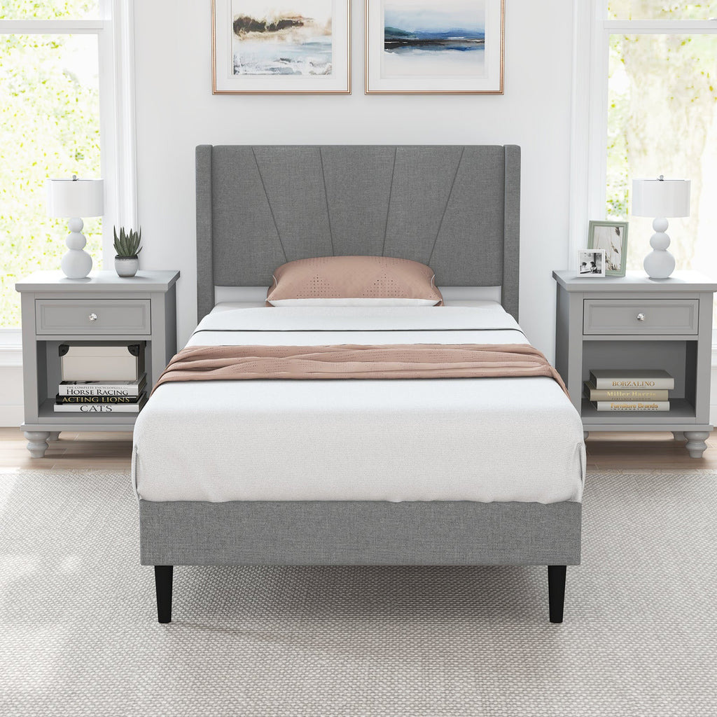 Twin/Queen Bed Frame with Linen Upholstered Wingback Headboard