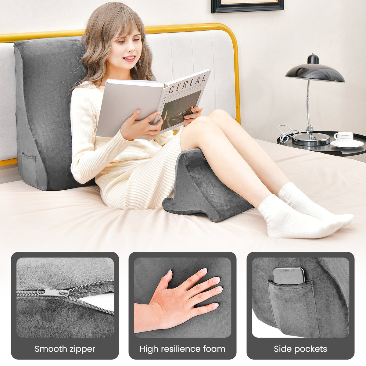 Bed Wedge Pillow with Tablet Pillow Stand and Side Pockets-Gray