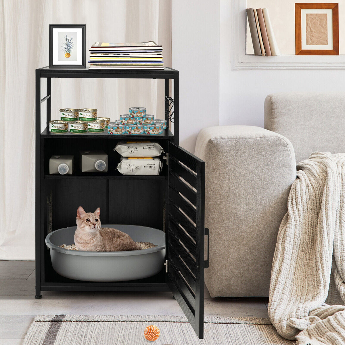 Cat Litter Box Enclosure with Louvered Door and 3-Tier Shelf