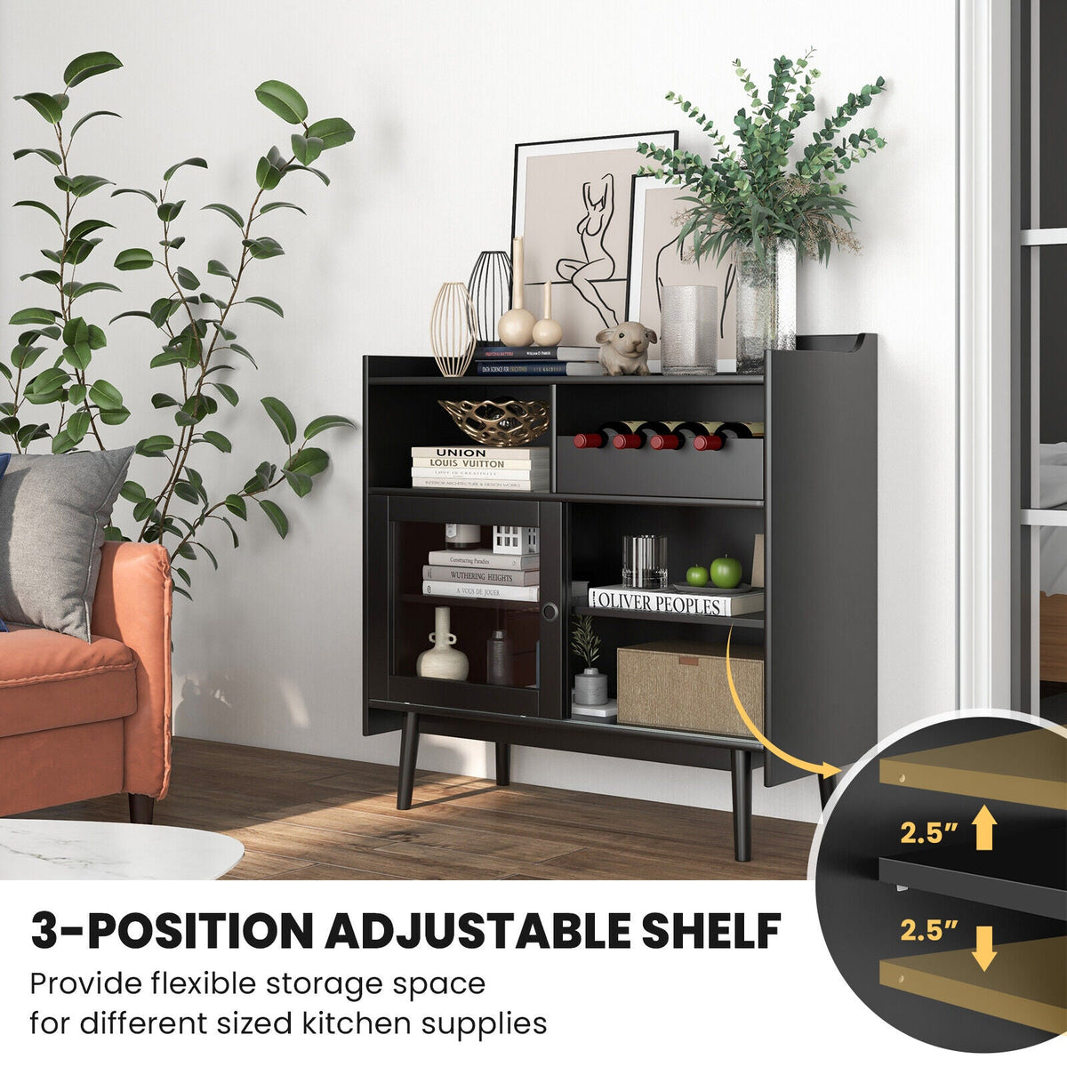 Kitchen Buffet Sideboard with Wine Rack and Sliding Door-Black