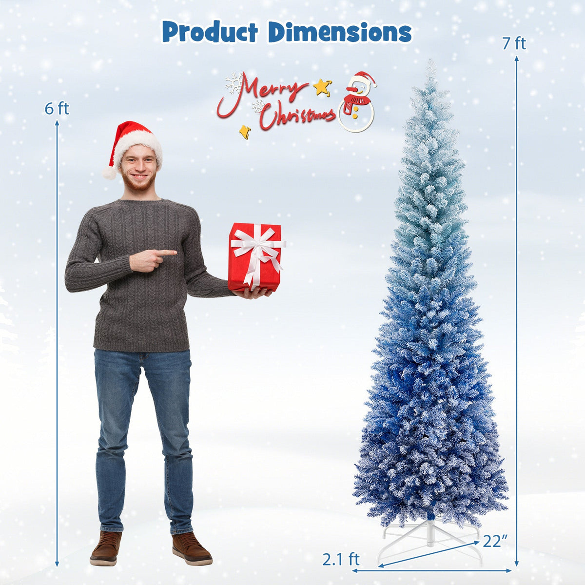 7 Feet Blue Gradient Snow Flocked Artificial Christmas Tree-Blue