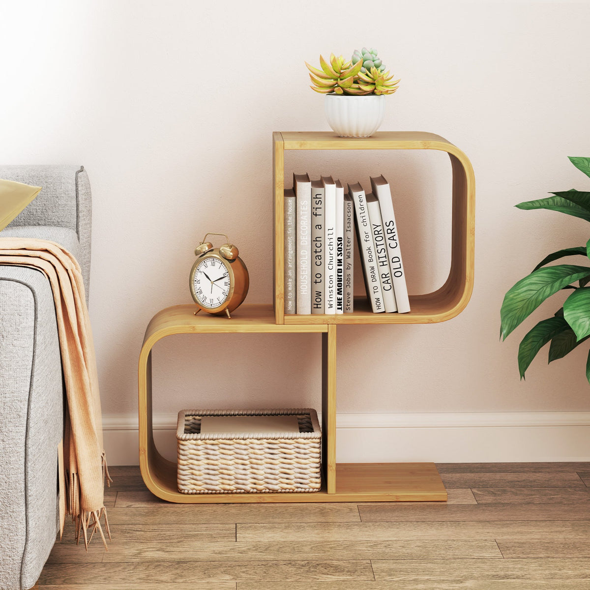 2-Tier S-Shaped Bamboo Bookcase with 2 Open Cubes for Living Room-Natural