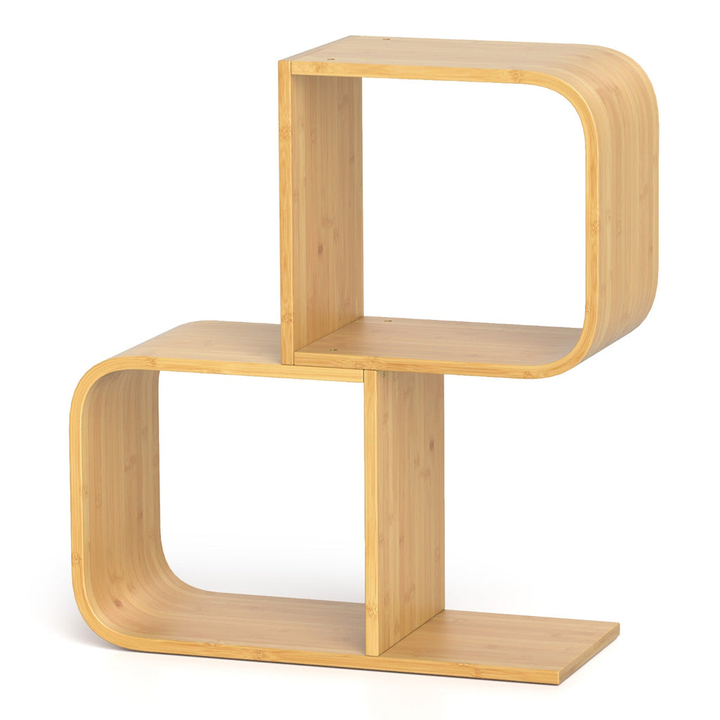 2-Tier S-Shaped Bamboo Bookcase with 2 Open Cubes for Living Room-Natural