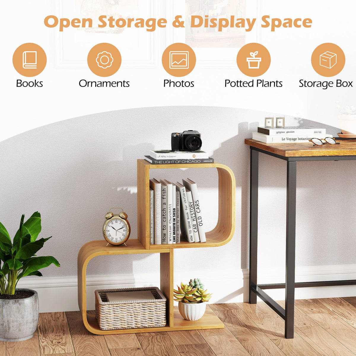 2-Tier S-Shaped Bamboo Bookcase with 2 Open Cubes for Living Room-Natural