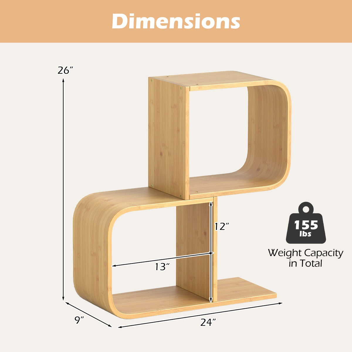 2-Tier S-Shaped Bamboo Bookcase with 2 Open Cubes for Living Room-Natural