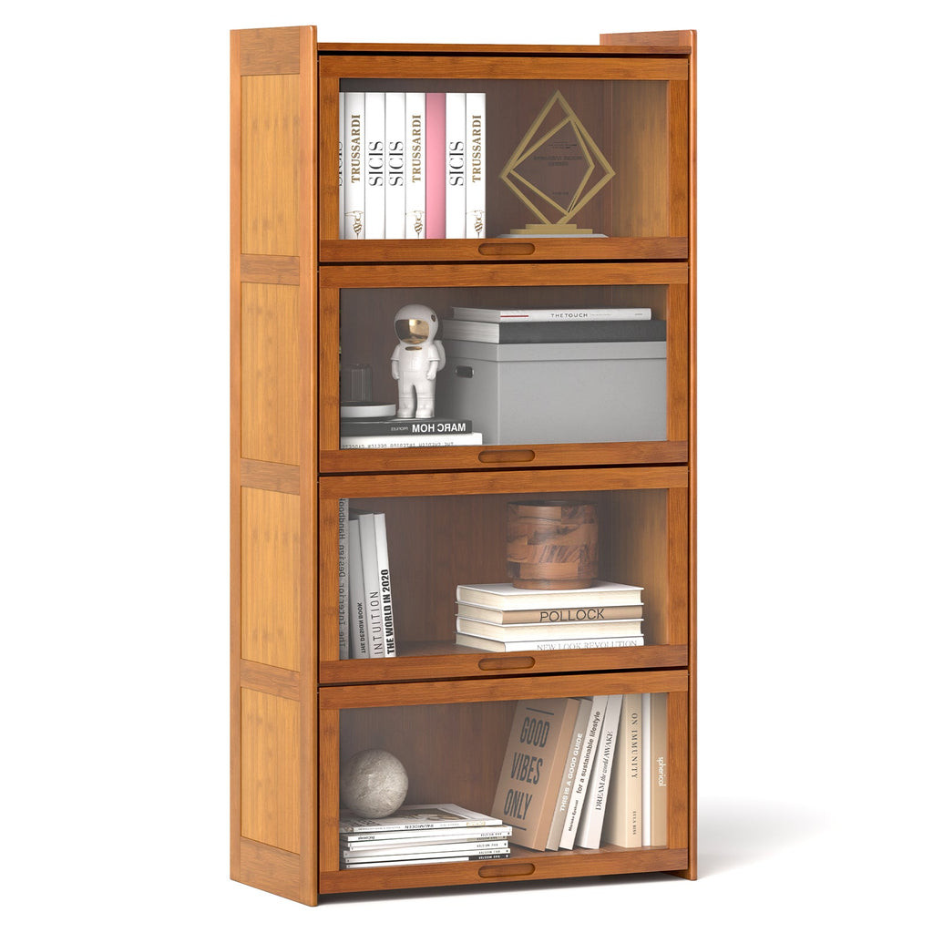 4-Tier Bamboo Bookcase with Doors for Study Room Living Room