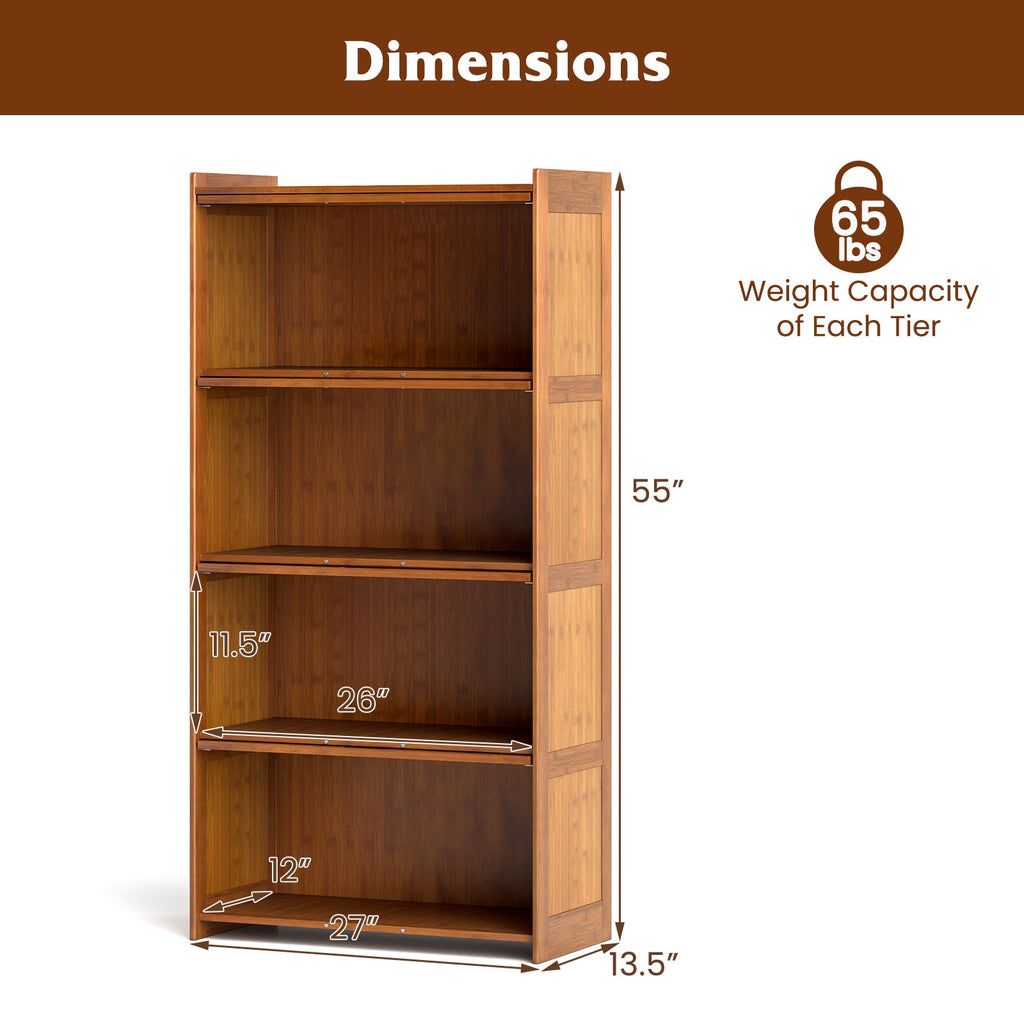 4-Tier Bamboo Bookcase with Doors for Study Room Living Room