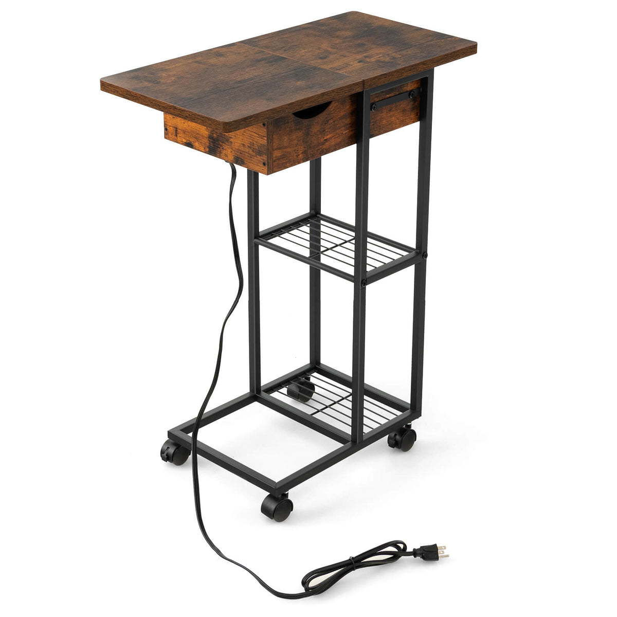 C-Shaped End Side Table with Charging Station and Wheels-Rustic Brown