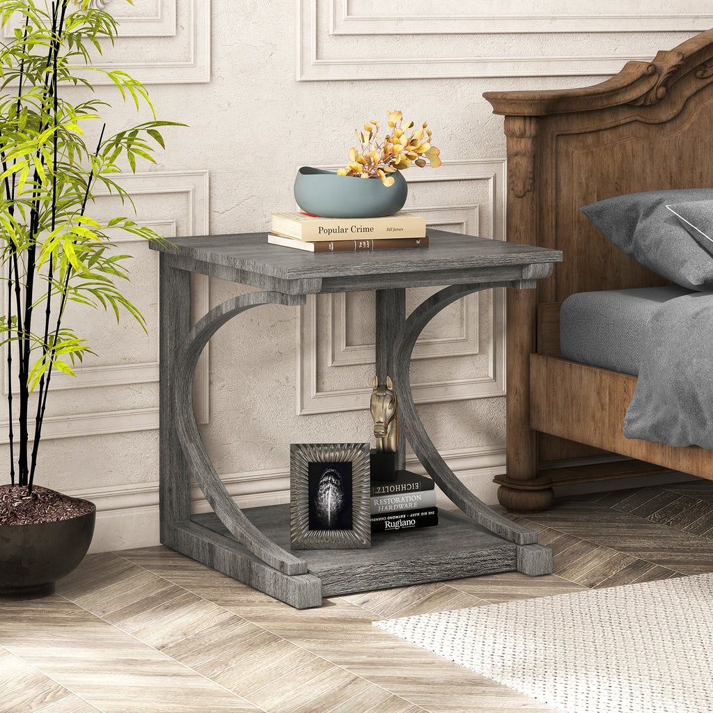 C-shaped 24 Inch 2 Tier Square End Table Sofa Side Table-Grey
