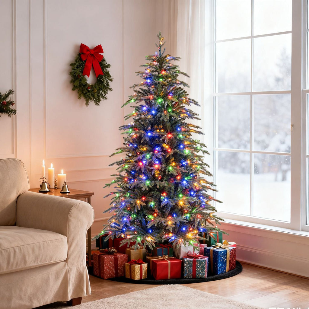 7.5 Feet Pre-Lit Artificial Christmas Tree Hinged Xmas Tree with LED Lights