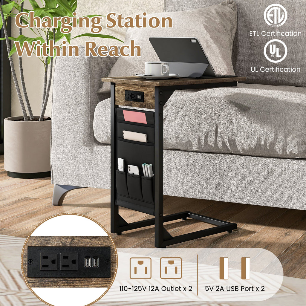 Set of 2 C Shaped End Table with Charging Station-Rustic Brown