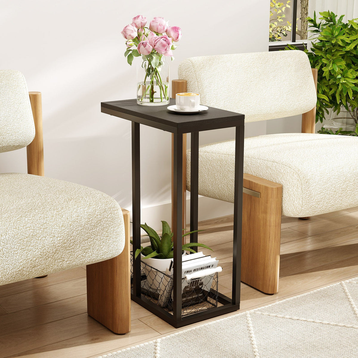 C-shaped End Table Slide Under Couch TV Tray for Coffee Laptop Tablet