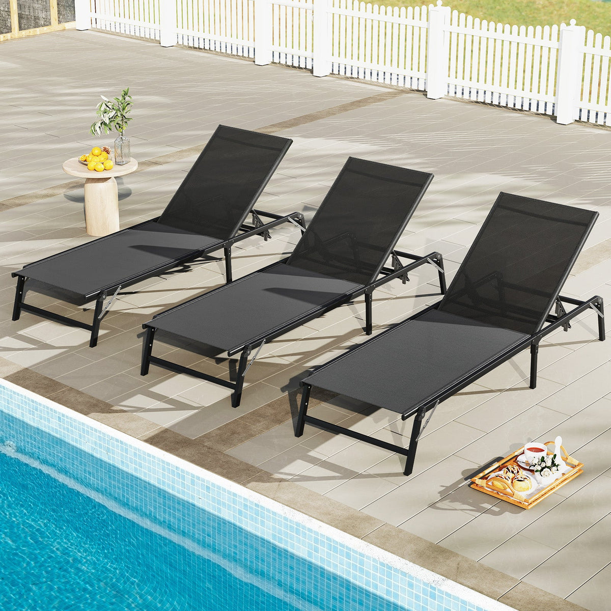 Chaise Lounge Chair Set of 2 Foldable Patio Lounge Chairs-Black