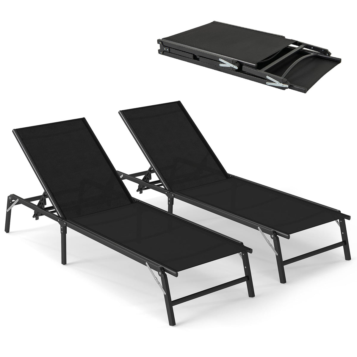 Chaise Lounge Chair Set of 2 Foldable Patio Lounge Chairs-Black